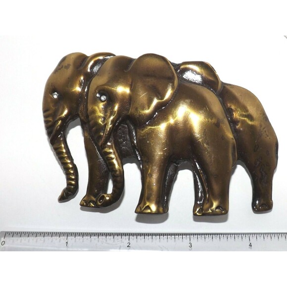 Laloon Belt Buckle Signed Mom & Baby Elephant Bronze tone Crystal Eyes Vintage main image 4